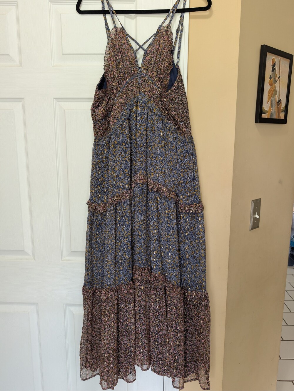 Lucky Brand Tier Mixed Print Autumn Floral Maxi Dress Chiffon Gold Swiss Dot XXL